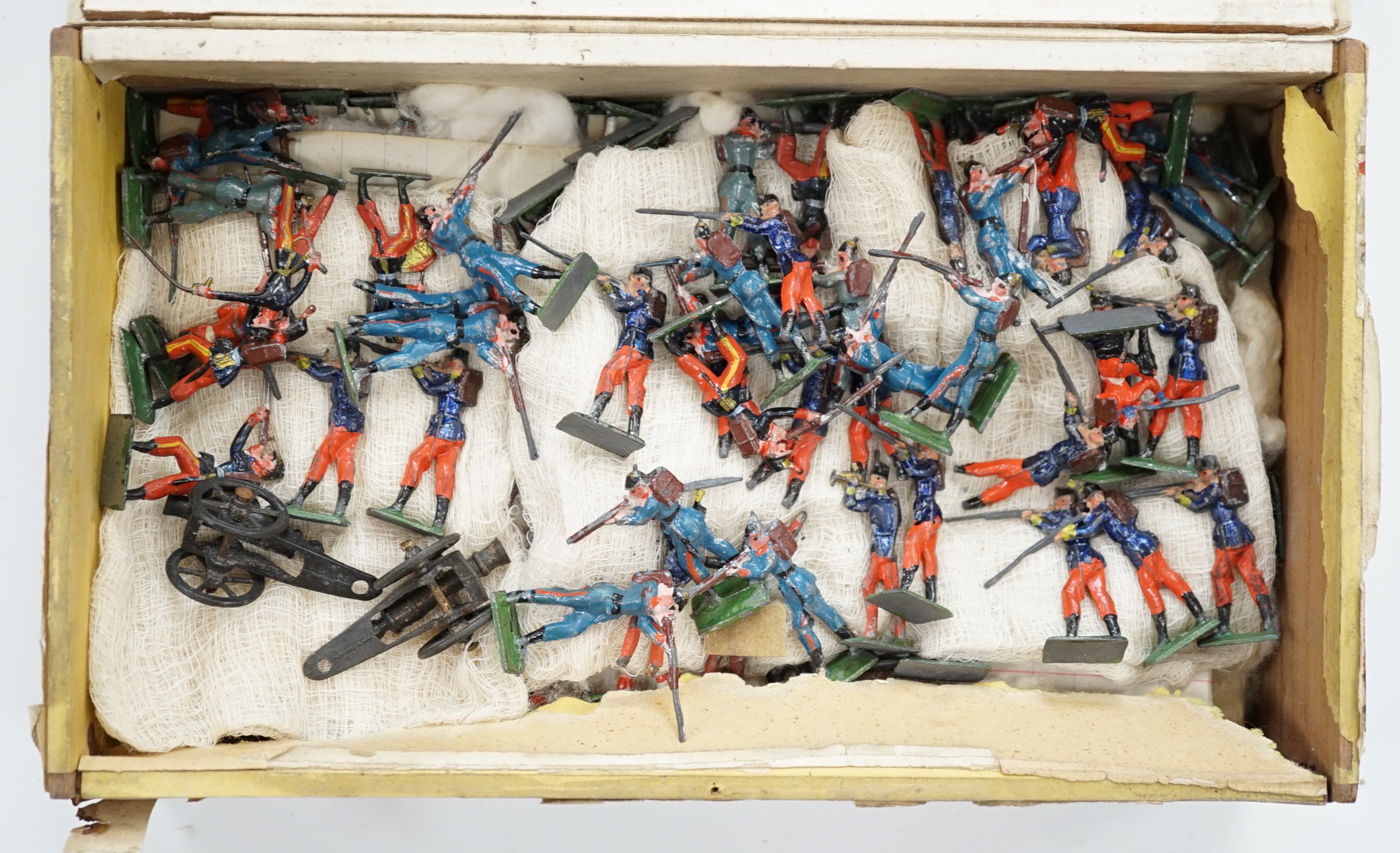 A collection of early 30mm German produced soldiers including 3d examples and flat/semi-flat examples, elephants, French infantry, Highlanders, etc.